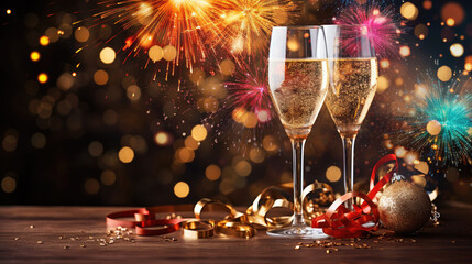 Celebration banner or announcement with two champagne glasses and fireworks and ribbons - obrazy, fototapety, plakaty