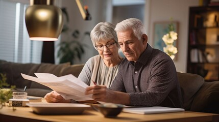 Senior couple sitting together and going over their finances - Generative AI 