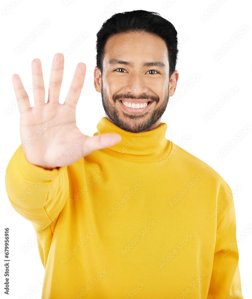 Poster man, stop and hand in portrait, smile and emoji for opinion, rejection or no isolated on a transpare