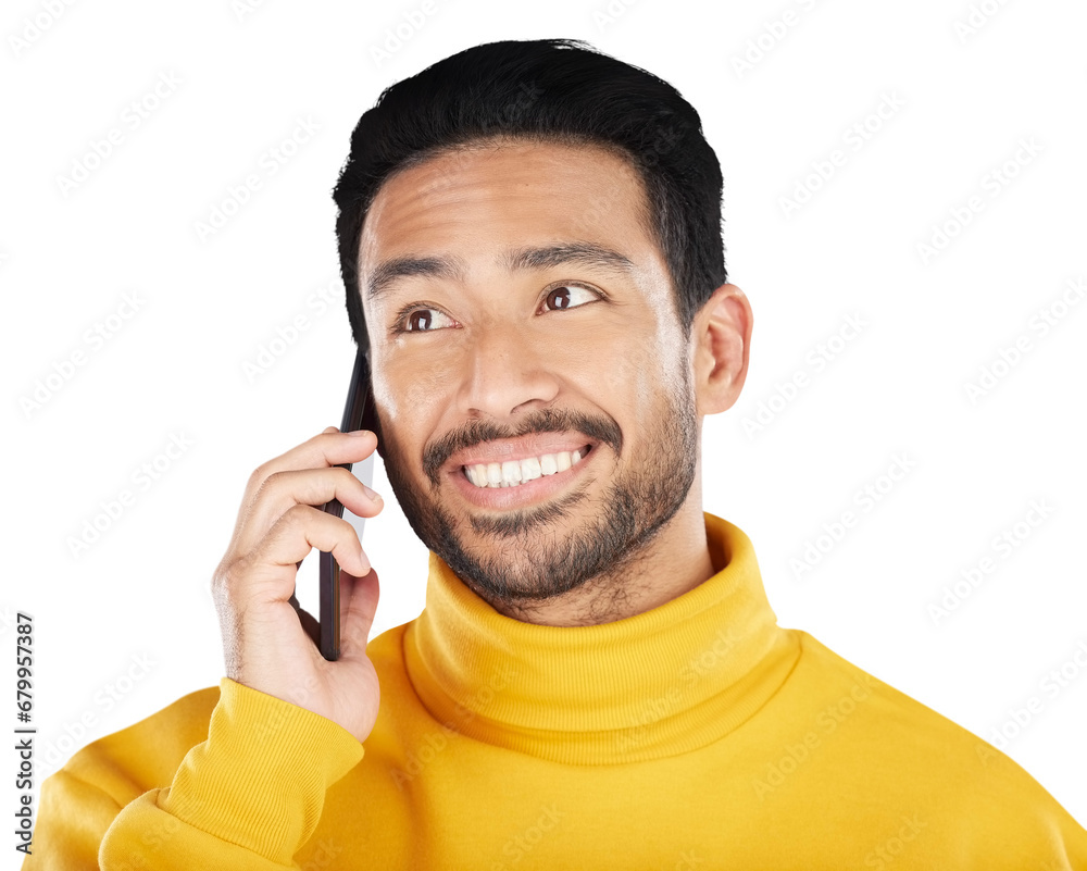 Poster man, smile and phone call or networking, communication and speaking on smartphone, chat and talk. as