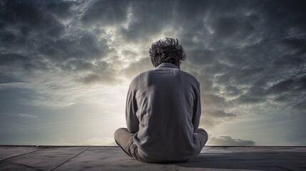 Rear view of man sitting on the ground under grey cloudy sky. Depression concept - obrazy, fototapety, plakaty