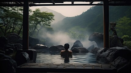 one man in outdoor hot spring - obrazy, fototapety, plakaty