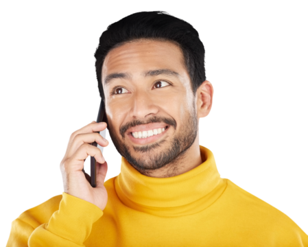 Man, smile and phone call or networking, communication and speaking on smartphone, chat and talk. Asian person, mobile and connection or hello, conversation and isolated on transparent png background