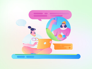 Virtual characters social communication concept business flat vector hand drawn illustration
