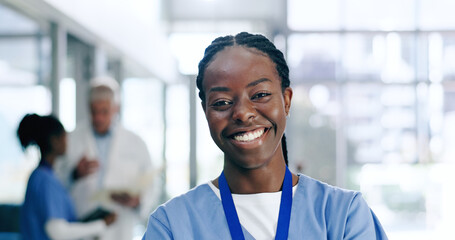 Nurse, woman and portrait with smile in hospital or clinic for healthcare, service or medical...