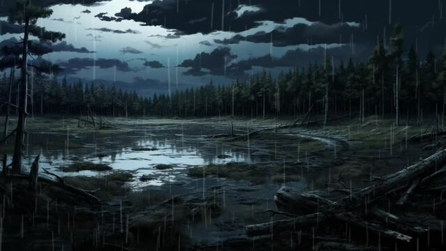 mysterious dark forest nature scenery during rain and lightning flashes. seamless looping virtual video animation background, cartoon style. Generated with AI