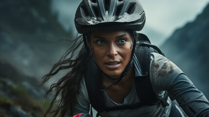 Portrait of a courageous self-confident African american woman riding her mountain bike along a trail in a misty karst landscape