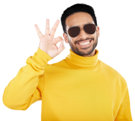 Sunglasses, ok and man with smile and hand emoji or gesture for mathematics. Fingers, portrait and happy Indian model with numbers or approval sign language isolated by transparent png background