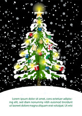 Closeup single Christmas tree with snowing and example texts isolate on black background. Christmas greeting card celebration in vector design.