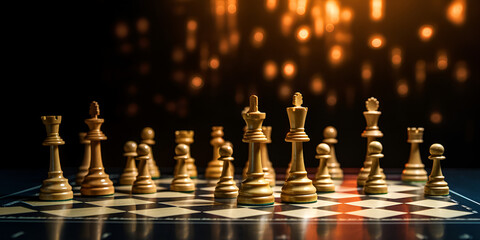 Black tone futuristic graphic icon business concept strategy ideas using a golden chess board game
