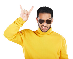 Fashion, face and man with rocker hands, sunglasses and attitude on isolated, transparent or png...