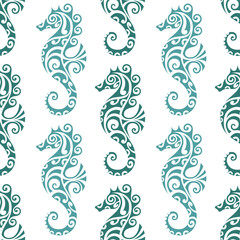 seamless pattern with seahorse maori style. Blue colors