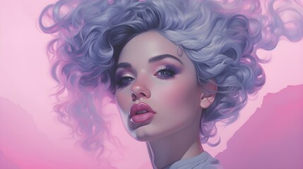 A Portrait of a Woman with Grey Hair Amidst Ethereal Pink Clouds, Ethereal Woman with Flowing Hair, Ethereal Blue Curls in a Dreamy Pink Dreamscape. Generative AI