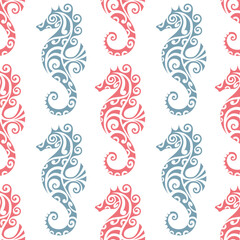 seamless pattern with seahorse maori style. Blue and coral colors - obrazy, fototapety, plakaty