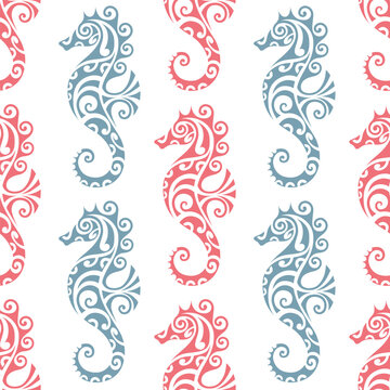 seamless pattern with seahorse maori style. Blue and coral colors