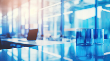 Blurred empty open space office. Abstract blue light bokeh at office interior background for design.