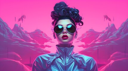 portrait of an asian model with Sunglasses in Pink vaporwave background. Generative AI