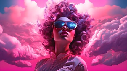 A Portrait in the Cloudscape: A Surreal Portrait of Model with Curly Hair and Fancy Sunglasses. Generative AI - obrazy, fototapety, plakaty