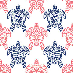 Seamless pattern with sea turtles. Marine life. Maori pattern. Stylish background. Blue and white. - obrazy, fototapety, plakaty
