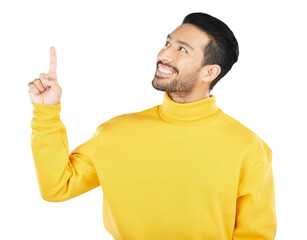 Smile, announcement and a man pointing to advertising information isolated on a transparent background. Marketing, presentation and promotion with a happy young person on PNG for a promo offer