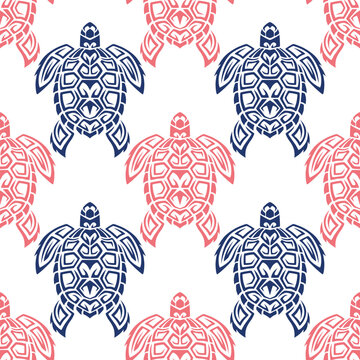 Seamless pattern with sea turtles. Marine life. Maori pattern. Stylish background. Blue and white.