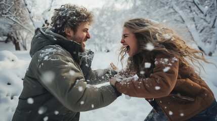Young couple in snowy mountain having snowball fight, happy couple having fun playing in snow - Powered by Adobe