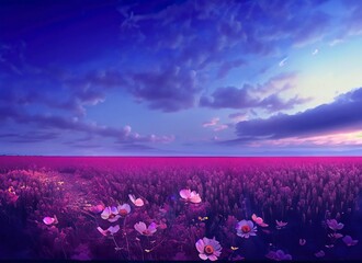 meadow with wide grass and blue sky, flower garden with blue sky, hill with flower garden, hill with meadow, hills with meadow and flower garden, hills, meadow, flower garden, twilight sky