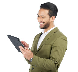 Businessman, smile and reading on tablet for social media, email and announcement on website. Asian person, face or excited emoji for online consultation on isolated or transparent png background