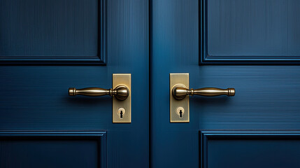 A blue door with a brass handle on dark blue black background - obrazy, fototapety, plakaty