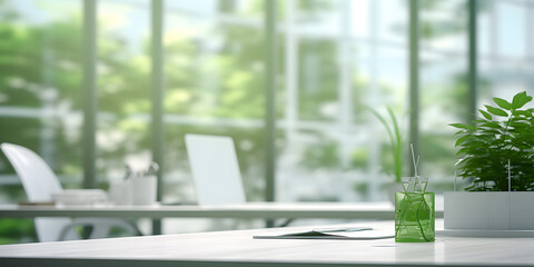 Fototapeta premium Interior of modern office with green plants office desk in the style of simplistic