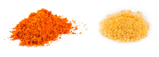 Set of Red and yellow curry powder on the white background