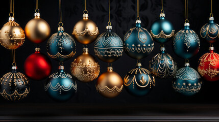 Fototapeta na wymiar Christmas tree balls: Christmas tree toys with Christmas ornaments such as bells, stars, bells and angels in different sizes and bright colours. 