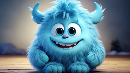 Fototapeta premium Cute blue furry monster 3D cartoon character
