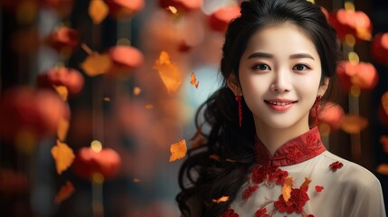 Fashion smiling Asian girl wearing Chinese traditional clothing, Chinese spring festival, Chinese new year