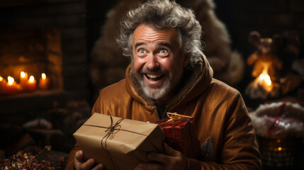 Obraz premium Unveiling the surprise: A photograph of a person about to open a Christmas present. 