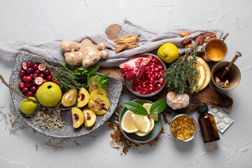 Fototapeta na wymiar Fruits, vegetables and herbs for healthy immune system.
