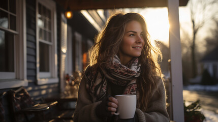 Young woman smiling standing on the porch enjoying her cup of coffee during winter morning