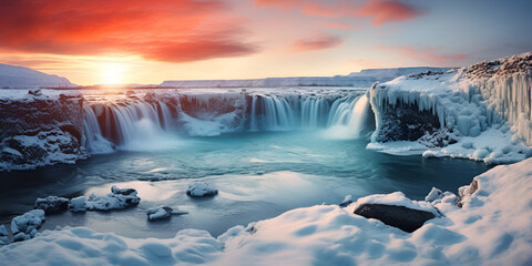 Godafoss waterfall at sunset in winter iceland,,,
Winter Sunset at Godafoss Waterfall, Iceland  Generative Ai
