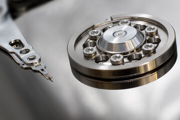 Computer hard drive HDD from inside. Macro shot.
