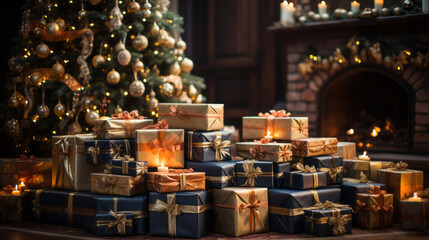 Under the Christmas Tree: Lots of wrapped gifts under a beautifully decorated Christmas tree. 