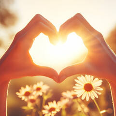 Man hands in the shape of heart background with the rising sun
