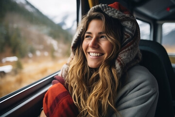 Portrait of young woman in her van looking out the window and enjoying the view towards the snowy mountains - obrazy, fototapety, plakaty