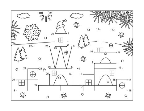 Ice palace in winter dot-to-dot picture puzzle and coloring page
