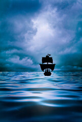 pirate ship silhouette sailing on a tranquil sea, with cloudy sky above - obrazy, fototapety, plakaty