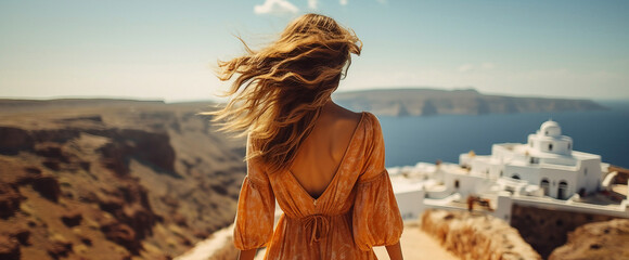 Fototapeta premium Female back view solo traveler roams alone woman dress