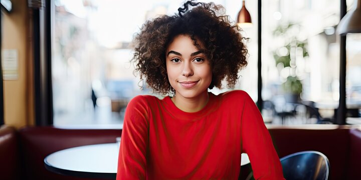 a pretty woman sitting down at a cafe with red shirt and short curly hair, generative AI