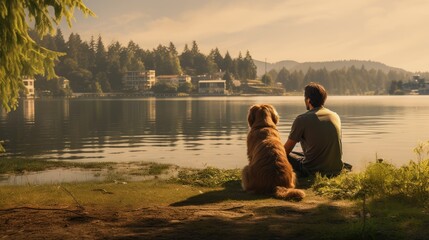 Man with his dog on the grass next to a beautiful lake