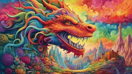 Fototapeta na wymiar surrealism, fabulous colorful dragon