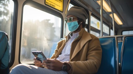 Man wearing face mask in public transport - obrazy, fototapety, plakaty
