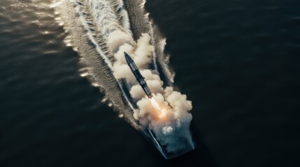 Aerial view of a military ship with a missile